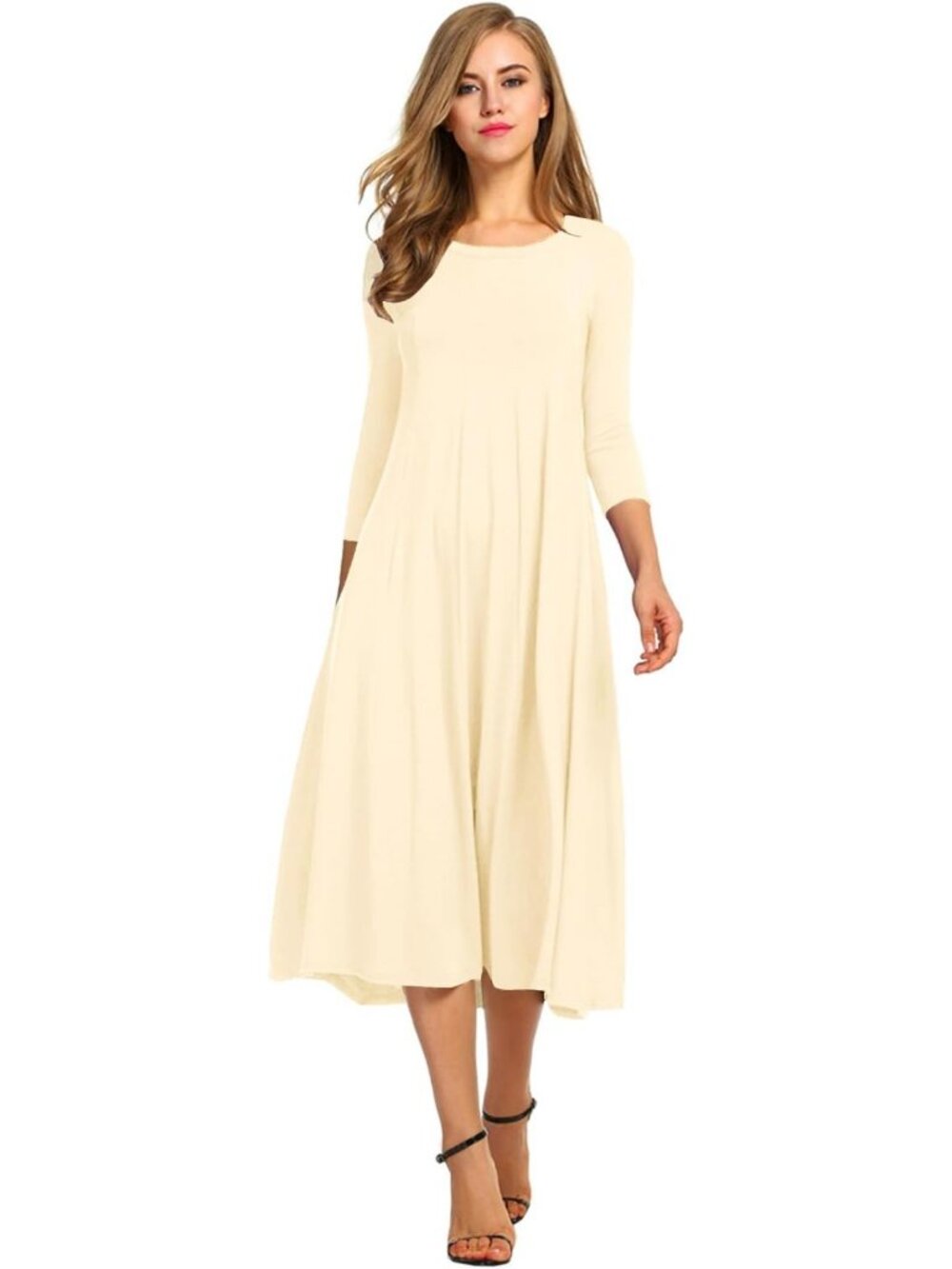 Chic 3/4 Sleeve A-Line Flare Midi Dress for Women - Perfect for Any Occasion